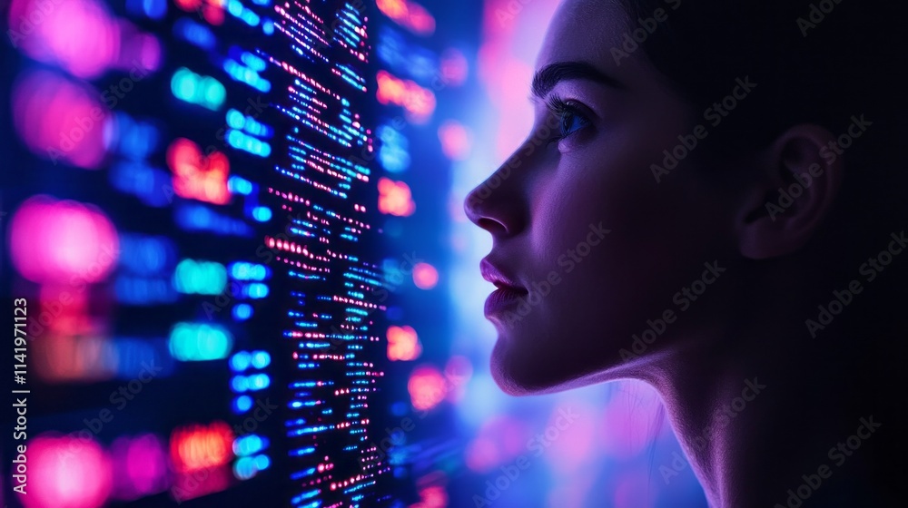 Poster a woman is looking at a computer screen with a lot of numbers
