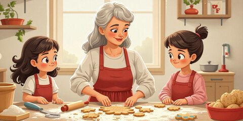 Grandmother and Two Young granddaughter baking ginger cookies in festive christmas kitchen
