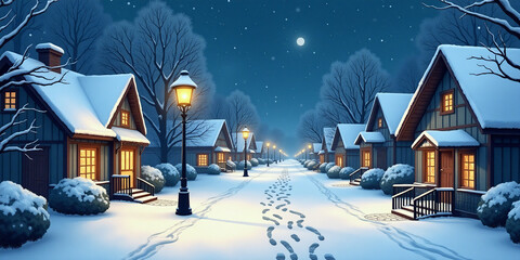 esidential houses with Christmas decoration at night