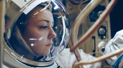 A woman in a space suit is looking at something