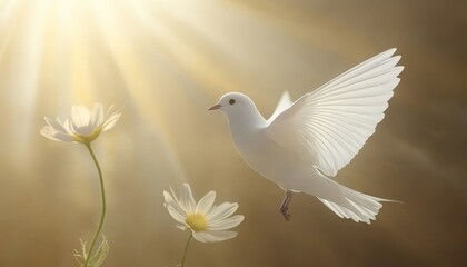 Fototapeta premium White Dove Soaring in Sunlight with Daisies, Symbolic of Hope, Peace, and New Beginnings