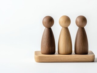 Three wooden figurines on a base, showcasing a minimalist design with varying shades, symbolizing unity and creativity in decor.