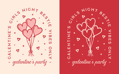 Galentine's day party girls night bestie vibes only best friend Valentine sleepover printable invitation card. Preppy pink red retro 80s heart balloons aesthetic fun quotes shirt design print decor.