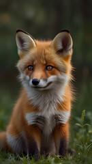 Fototapeta premium Close-up of a smiling baby fox, vibrant orange fur with white chest, inquisitive amber eyes, playful expression, natural brushstrokes