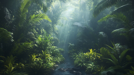 Lush jungle panorama with fog, vibrant greenery, and serene waterway