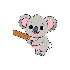 a happy baby koala clinging to a tree branch