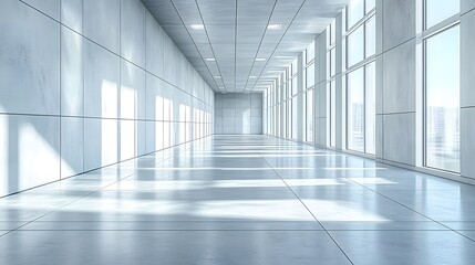 Home insulation plays a vital role in energy efficiency, providing a serene atmosphere in this modern, sunlit hallway with sleek walls and expansive windows.