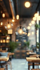 Blurred restaurant interior, warm lighting, round glass pendant lights create cozy ambiance.