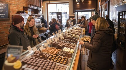 artisan chocolate shop with beautifully crafted truffles and bars, customers sampling chocolate