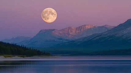 Fototapeta premium Full moon softly glows over mountains landscape wide shot photo.. AI Generated