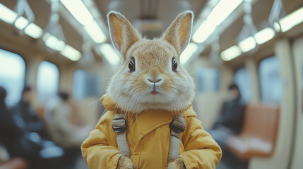 cute rabbit wearing yellow coat on train, surrounded by passengers