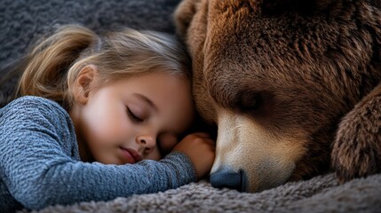 A heartwarming scene of a young girl peacefully sleeping next to a large bear, symbolizing innocence, trust, and the unique bond between humans and nature's creatures.