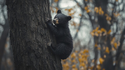 young bear climbs tree in misty forest, showcasing its playful nature