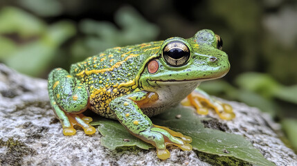 Obraz premium close up of vibrant green frog resting on leaf, showcasing its unique patterns and colors