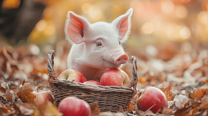 A pig is sitting in a basket full of apples