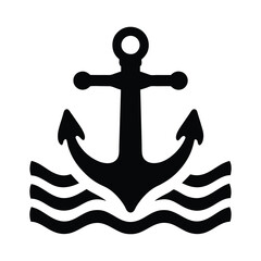 Anchor surrounded by waves vector silhouette illustration isolated on a white background