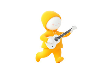 Fototapeta premium A cheerful character in a yellow outfit plays a guitar while running, embodying joy and creativity.