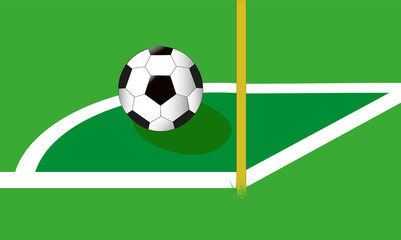 Coin de corner sur terrain de football, avec ballon et poteau	