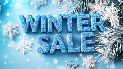 Winter Sale Banner mit winterlichen Elementen, Schneeflocken und Tannenzweigen auf blauem Hintergrund
