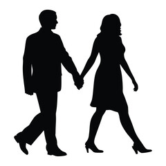Couple holding hands while walking vector silhouette illustration