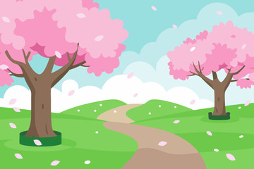 Peaceful Cherry Blossom Garden with Falling Pink Flowers in Spring 