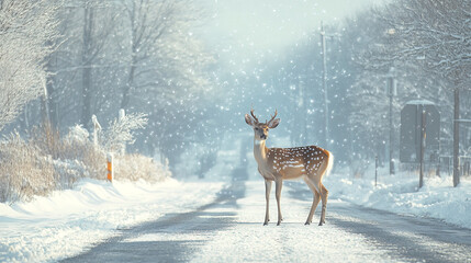 deer stands on snowy road, surrounded by falling snowflakes, evoking caution