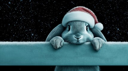 Cute rabbit in Santa hat against starry background. Christmas and New Year festive concept with copy space.