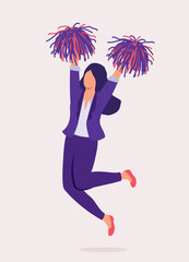 Businesswoman Jumping With Pom-Pom In Both Of Her Hands.