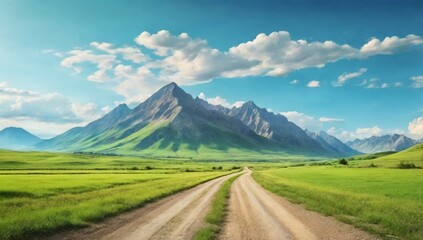 Fototapeta premium Countryside gravel road and green grassland with mountain nature landscape in summer. Road trip. 