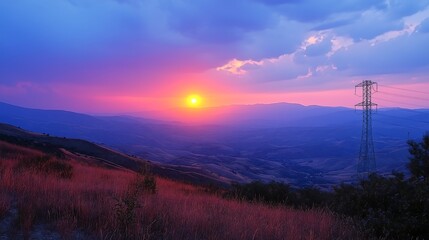 Fototapeta premium Sunset Over Hills: A mesmerizing sunset paints the sky with vibrant hues of pink, orange, and purple.