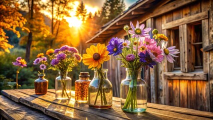 Fototapeta premium Autumnal Windflower Bouquets: Rustic Still Life Photography - Worm's Eye View