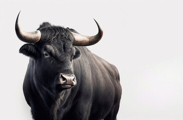 Naklejka premium A black bull boasting large, impressive horns gazes directly at the camera