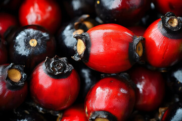 Guarana.Guarana fruits.Guarana seeds.Guarana powder.Brazilian soda. Close-up of vibrant guarana fruits with their distinctive red shells and black seeds, with ample copy space.