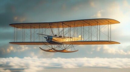 Vintage Biplane Flying Over Clouds in a Dramatic Sky at Sunrise, Showcasing Early Aviation Technology and Aesthetic Design Features of Historic Aircraft