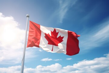 Large canadian flag waving in the wind against blue sky