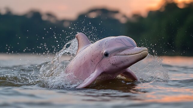 Pink River Dolphin Emerging from Water at Sunset