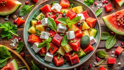 Bird's Eye View Watermelon Salad Summer Healthy Food Photography