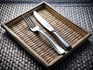 Black and White Woven Tray with Cutlery - Still Life Photography