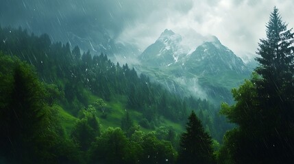 Fototapeta premium Misty Swiss Alps Landscape Photography: Lush Green Forest and Dramatic Mountain Peaks. AI Generated