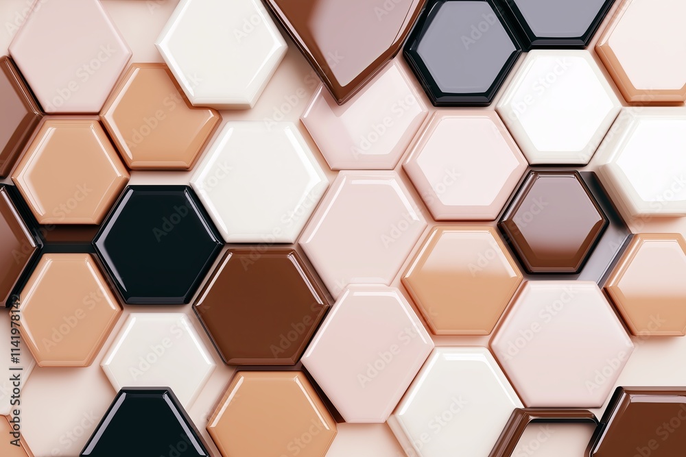 Poster A series of overlapping hexagonal shapes in muted earth tones