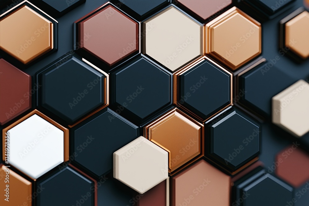Poster A series of overlapping hexagonal shapes in muted earth tones