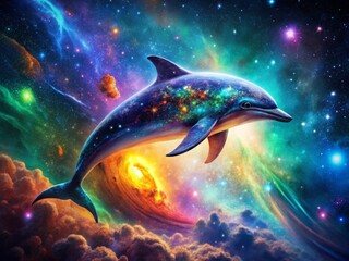 Fototapeta premium Bright Dolphin Galaxy: Cosmic Marine Mammal in Vibrant Nebula - Deep Space Art