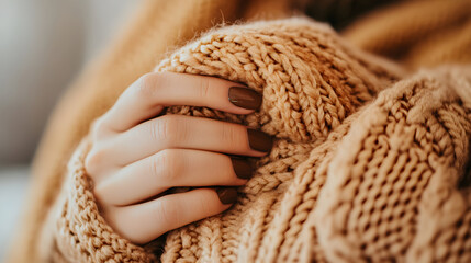 Obraz premium Close-up elegant woman's hands with nails manicured in glossy dark brown coffee color. Textured, brown knitted fabric background. Feminine elegance and luxury concept. Mocha Mousse color of year 2025.