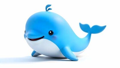 The image is a 3D rendering of a blue whale with a big smile on its face. The background is white, making the blue whale stand out.