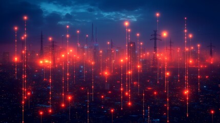 Fototapeta premium Cyberpunk Cityscape: Red Neon Rain. A futuristic city drenched in a digital downpour of red neon light streaks across the night sky, creating a captivating cyberpunk aesthetic. 