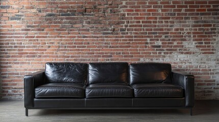 A sleek black leather sofa in a minimalist apartment with industrial-style decor and exposed brick walls