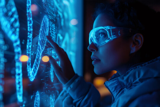 Female scientist wearing protective glasses analyzing dna structures on a futuristic touchscreen interface in a dark laboratory