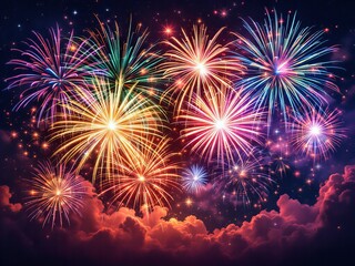 Fototapeta premium Stunning fireworks display lighting up the night sky, colorful bursts of light, festive celebration, holiday fireworks over clouds, New Year's Eve, Fourth of July, vibrant pyrotechnic show.