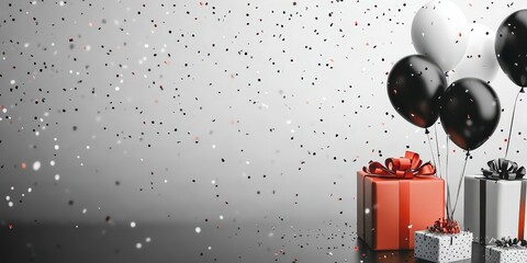 Elegant Celebration Scene with Black and White Balloons, Gift Boxes, and Falling Confetti Creating a Festive Atmosphere