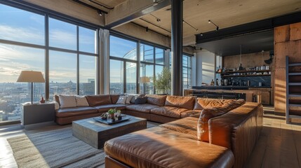 Fototapeta premium A spacious loft with an oversized brown leather sofa, floor lamps, and a view of an urban skyline through large windows